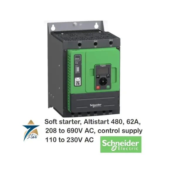 Schneider Electric ATS480D62Y soft starter for 62 A motors, 208–690 V AC supply
