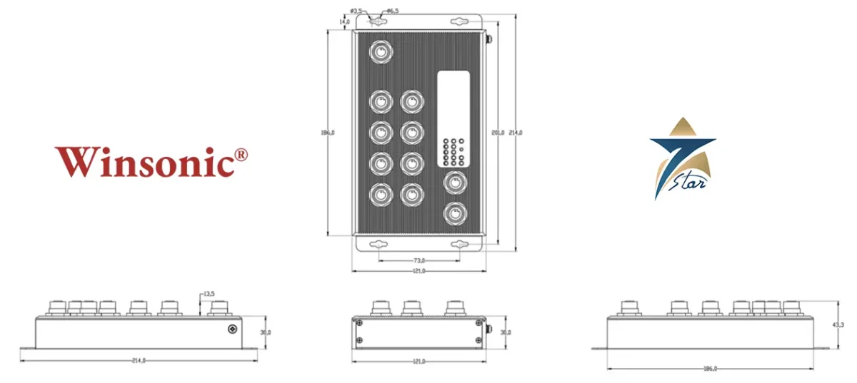 Rugged railway-grade M12 switch with 10×1G ports and 8×PoE/PoE+/PoE++ (up to 90 W/port, 200 W total), −40~80 °C. Winsonic NE10002-208423 rugged IP68 EN50155 M12 PoE++ industrial Ethernet switch (10×1G, 8×PoE++)