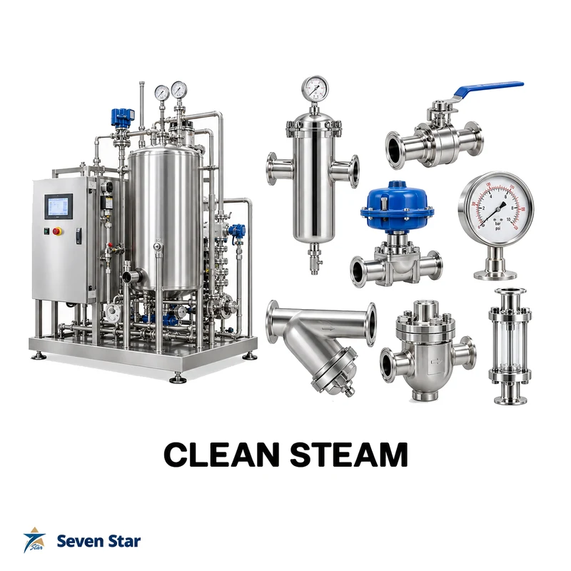 Sanitary clean steam valves, separators, steam traps and hygienic process fittings
