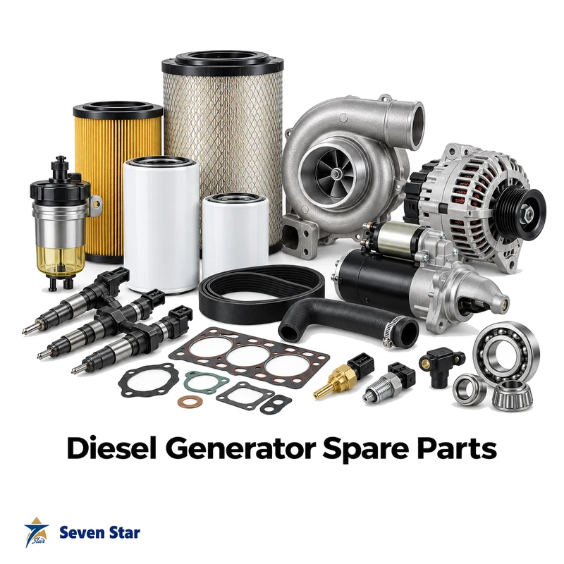 Genuine diesel generator spare parts including filters, turbocharger, alternator and starter motor
