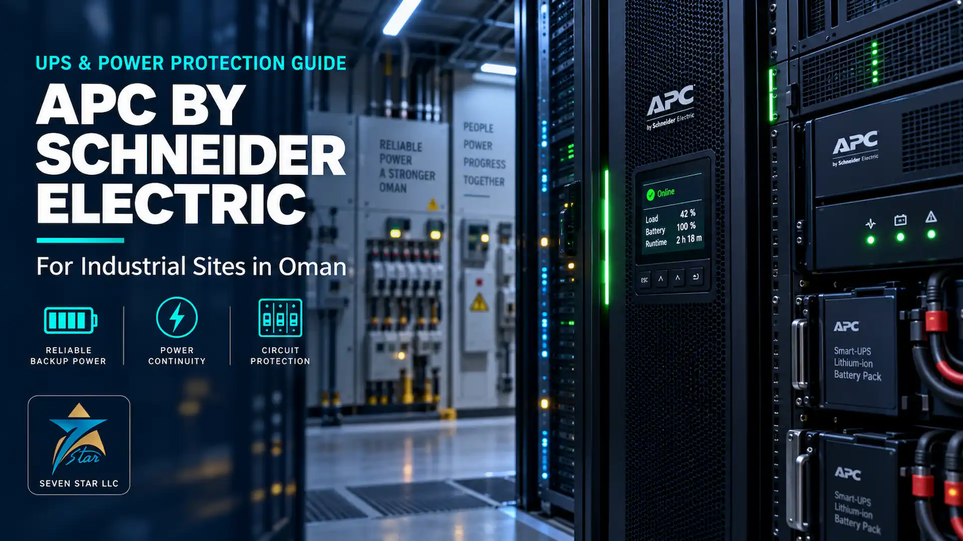 APC by Schneider Electric Smart-UPS rack with lithium-ion battery packs in a server room, alongside an electrical distribution panel with circuit breakers - Seven Star LLC Oman