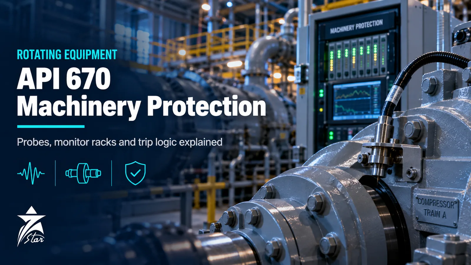 Proximity probe on a compressor bearing housing with an API 670 machinery protection monitoring rack, Seven Star LLC