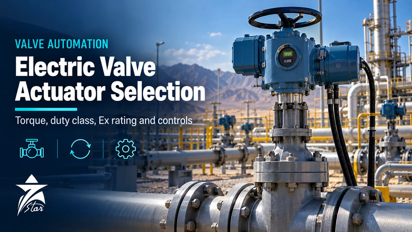 Electric multi-turn valve actuator on a gate valve at a desert pipeline station, Seven Star LLC actuator selection guide