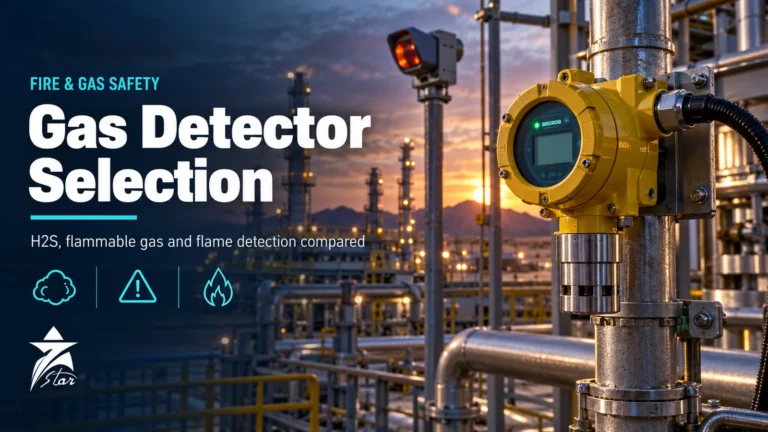 Fixed gas detector on a pipe rack with a flame detector at an oil and gas facility at sunset, Seven Star LLC