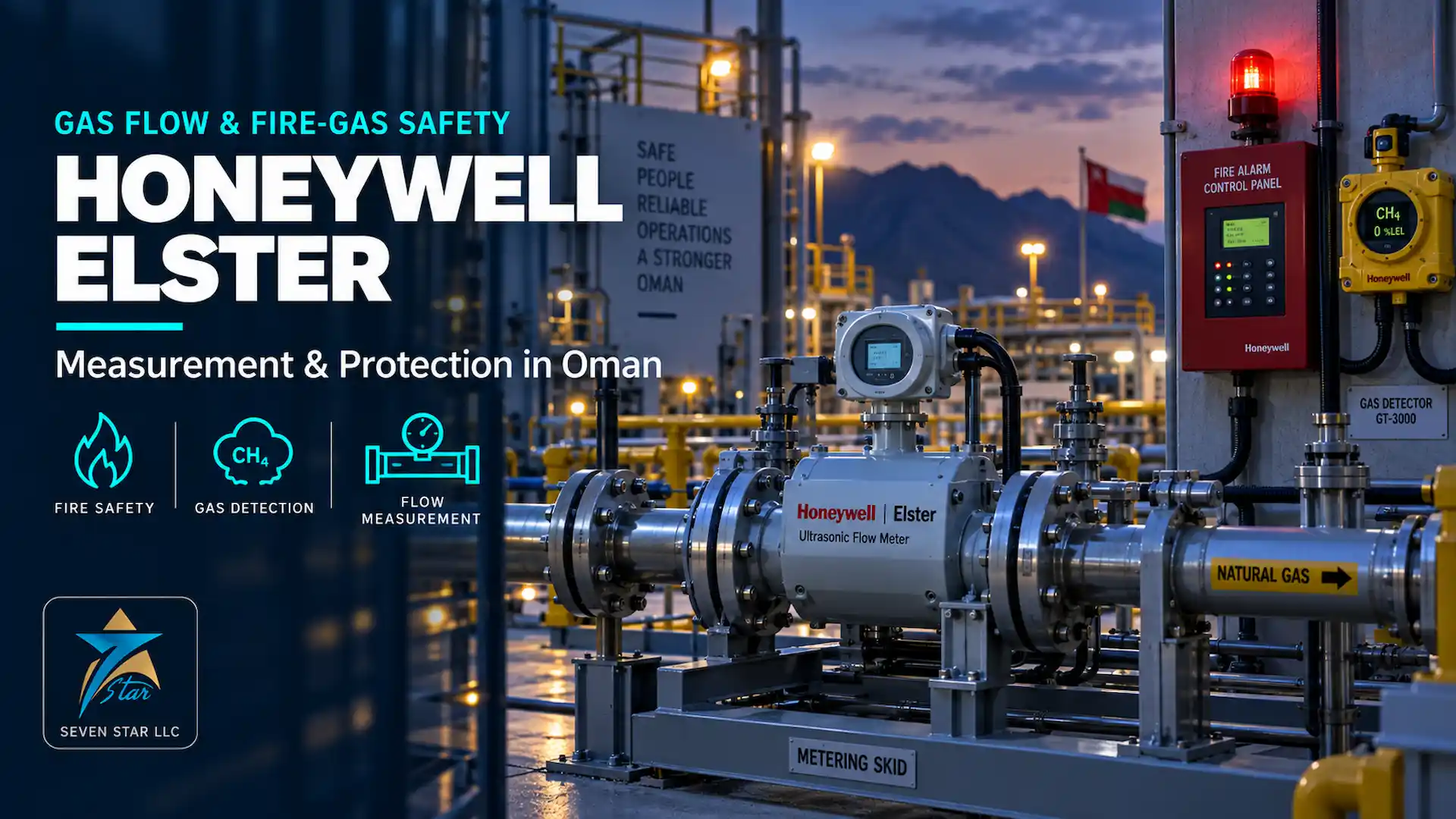 Honeywell Elster ultrasonic gas flow meter on a metering skid next to a fire alarm control panel and gas detector at an Omani gas facility - Seven Star LLC