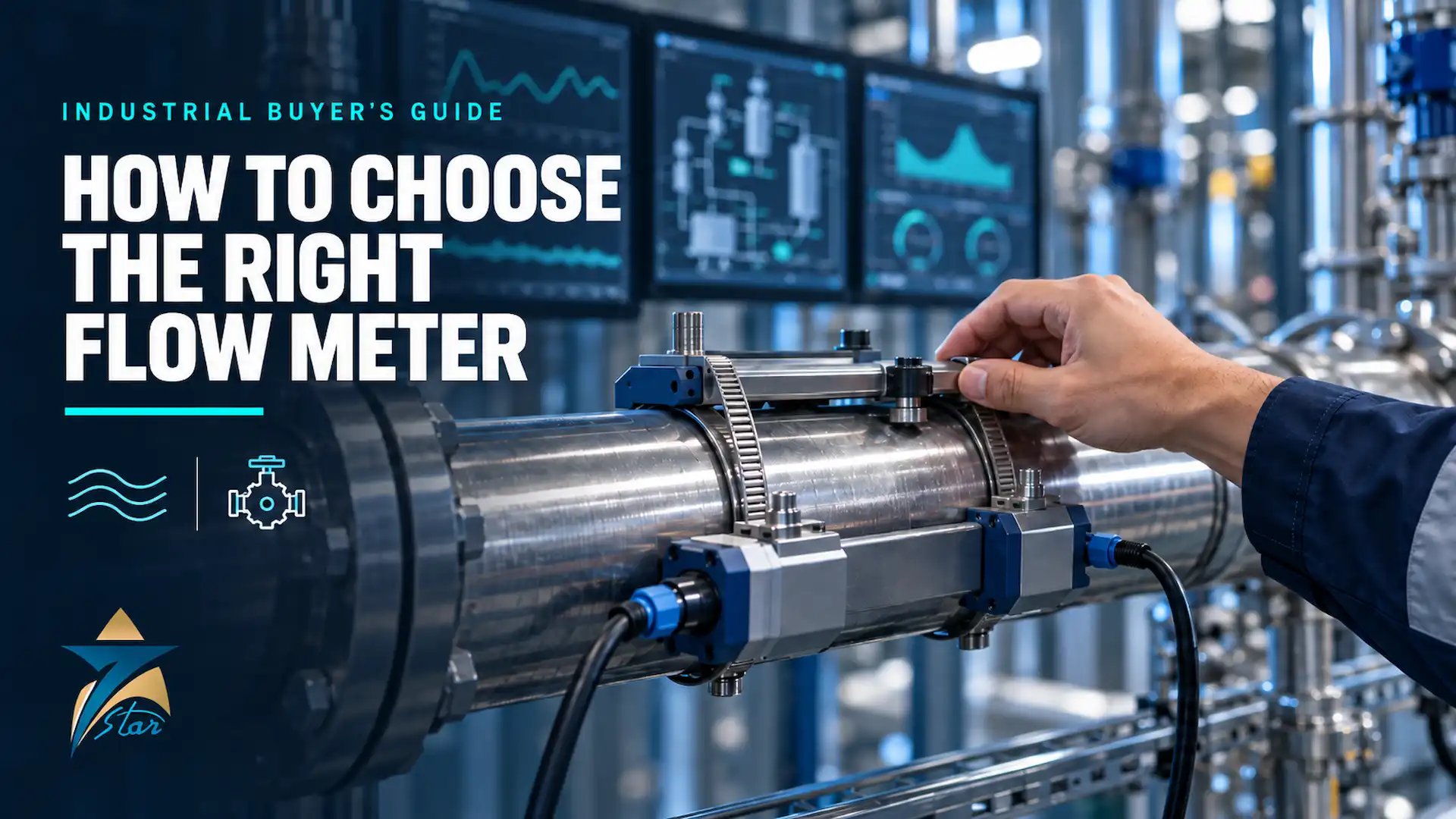 Industrial buyer's guide graphic showing an engineer adjusting an ultrasonic clamp-on flow meter on a steel pipe, titled How to Choose the Right Flow Meter - Seven Star LLC