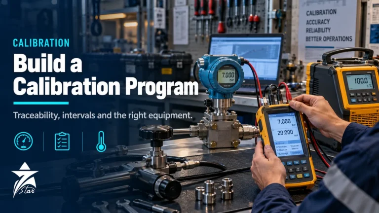 Technician calibrating a pressure transmitter with a documenting process calibrator on a workshop bench, Seven Star LLC