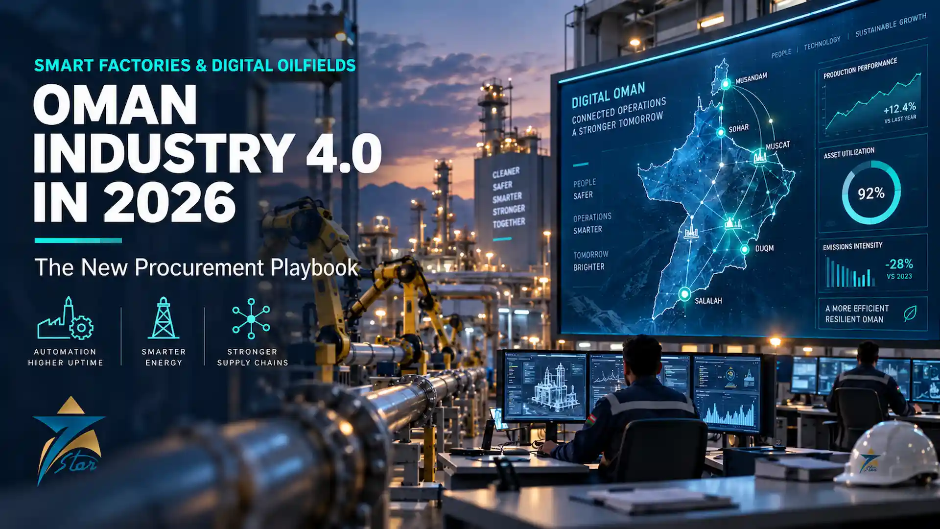 Digital Oman Industry 4.0 dashboard showing smart factory robotics, digital oilfield control room, and a connected map of Muscat, Sohar, Duqm and Salalah - Seven Star LLC