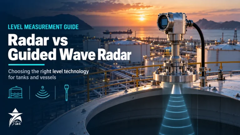 Radar level transmitter mounted on a crude oil storage tank roof with a radar beam, level measurement guide by Seven Star LLC