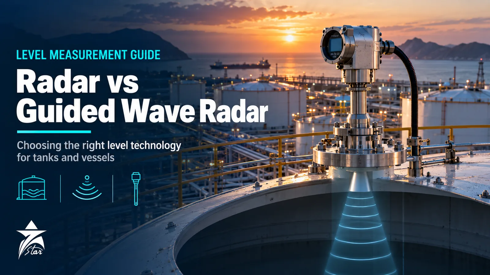 Radar level transmitter mounted on a crude oil storage tank roof with a radar beam, level measurement guide by Seven Star LLC