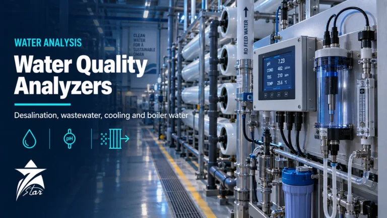Water quality analyzer panel beside RO pressure vessels in a desalination plant, Seven Star LLC