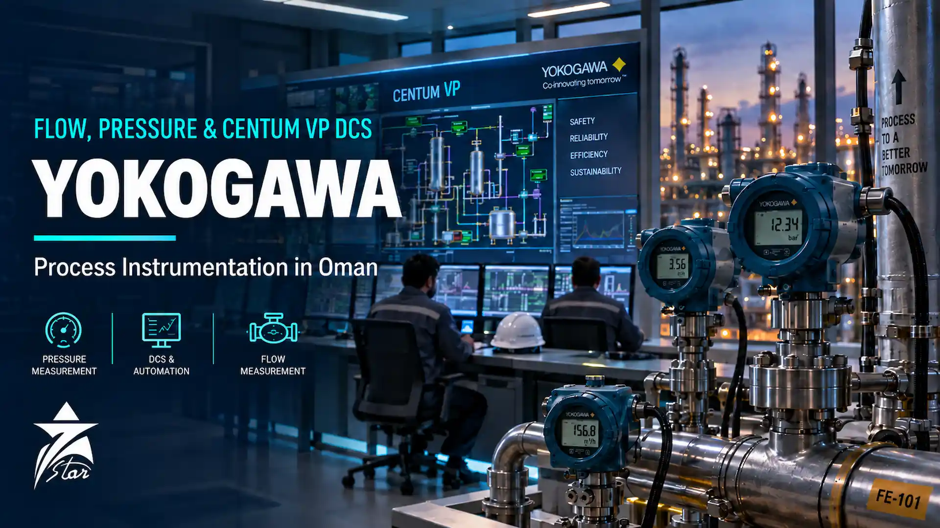Yokogawa CENTUM VP DCS control room screen with pressure transmitters mounted on refinery pipework in the foreground - Seven Star LLC Oman