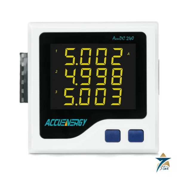 Accuenergy AcuDC 240 series DC power and energy meter front view, 72 mm panel meter (family image, AcuDC 243)