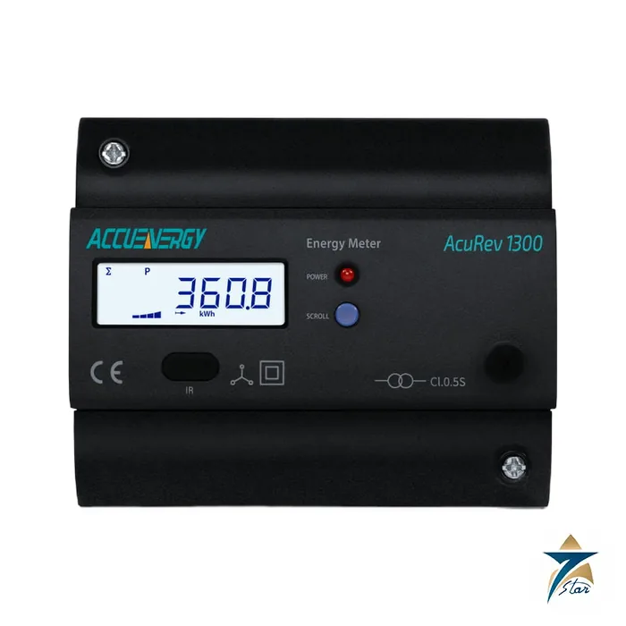 Accuenergy AcuRev 1310 series DIN rail power and energy meter front view (series image; faceplate reads AcuRev 1300 series)