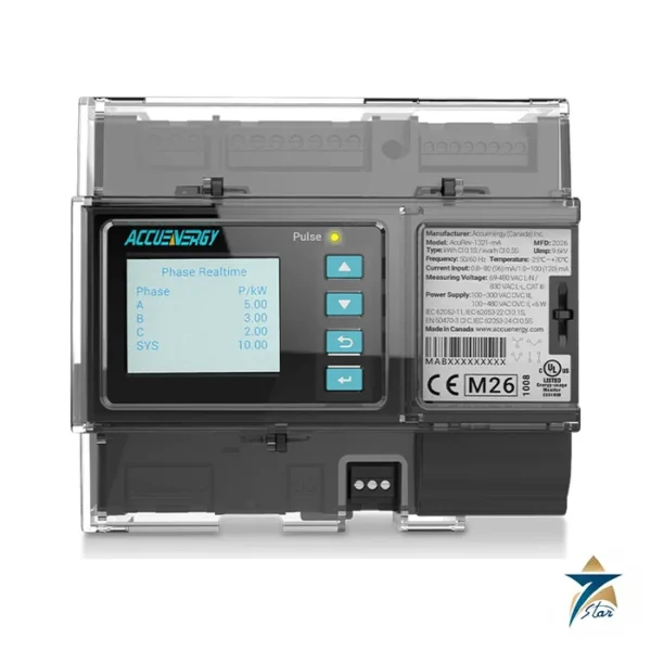 Accuenergy AcuRev 1320 series DIN rail power and energy meter front view (family image covering AcuRev-1321 and 1322)