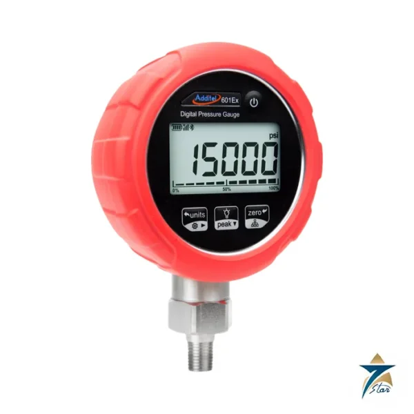 Additel ADT601Ex intrinsically safe digital pressure gauge with red rubber boot and 15000 psi display