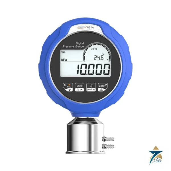 Additel ADT681A digital pressure gauge with blue rubber boot (681A family photo, differential pressure variant with barb fitting)