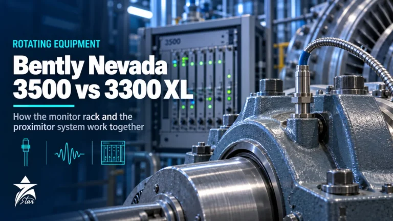 Eddy-current proximity probe on a turbine bearing housing with a Bently Nevada 3500 monitoring rack, Seven Star LLC