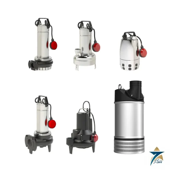 Caprari D-M series submersible drainage and sewage pumps, family photo of six models from the Caprari D-M product page