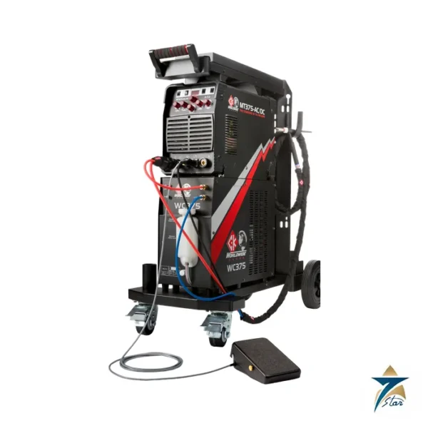 CK Worldwide MT375-AC/DC TIG welding machine with WC375 water cooler on cart and foot pedal