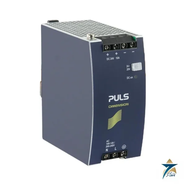 PULS CS10.241 24 V 10 A DIN rail power supply, angled front view (official PULS photo)