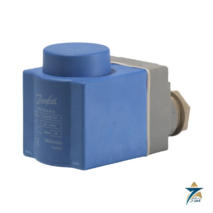 danfoss-018f6757-be024ds-solenoid-coil-24-v-dc-terminal-box Danfoss BE024DS solenoid coil 018F6757, blue clip-on coil with terminal box