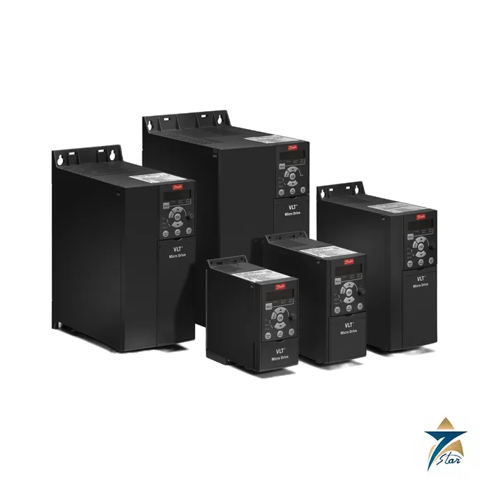 danfoss-fc-051pk75t4e20h3xxcxxxsxxx-vlt-micro-drive-fc-51-0-75-kw-400-v Danfoss VLT Micro Drive FC 51 range, black M1 to M3 drives (family image, 0.75 kW 400 V drive 132F0018)