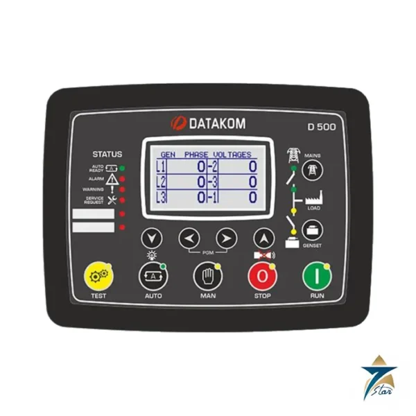 Datakom D-500 MK3 genset controller front panel with 128x64 graphic LCD