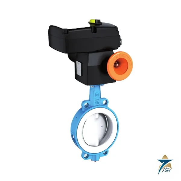 EBRO T 211-A PTFE-lined butterfly valve shown with electric actuator