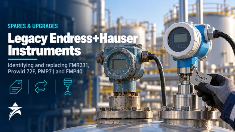 Legacy Endress+Hauser level transmitter beside its current-generation replacement on a tank nozzle, Seven Star LLC