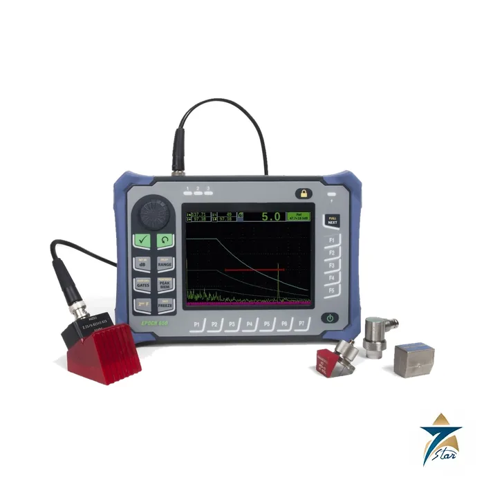 evident-epoch-650 Evident EPOCH 650 ultrasonic flaw detector with angle beam transducers and wedges
