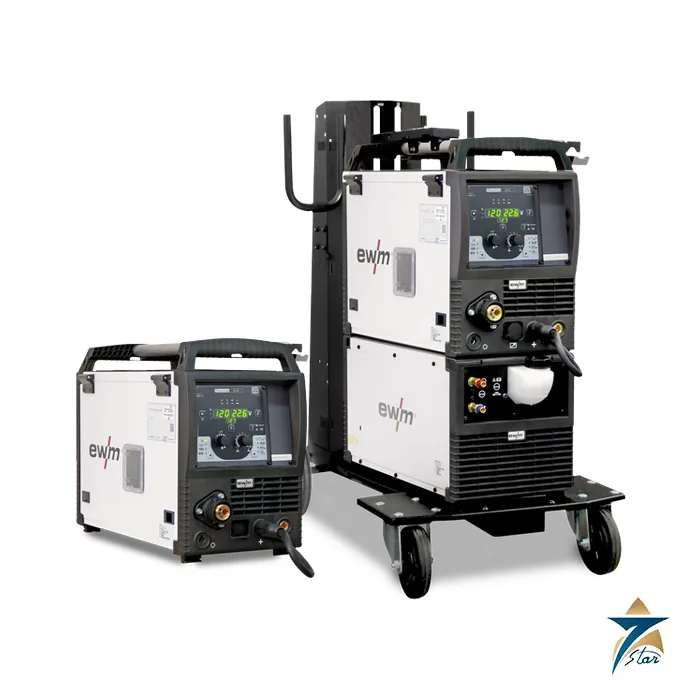 EWM Picomig 355 puls TKM MIG/MAG welding machine on trolley beside a compact Picomig EWM Picomig 355 puls TKM MIG/MAG welding machine on trolley beside a compact Picomig