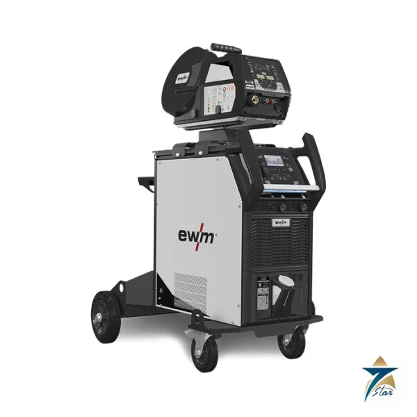 EWM Titan XQ 400 AC puls welding machine with Drive XQ wire feeder on trolley