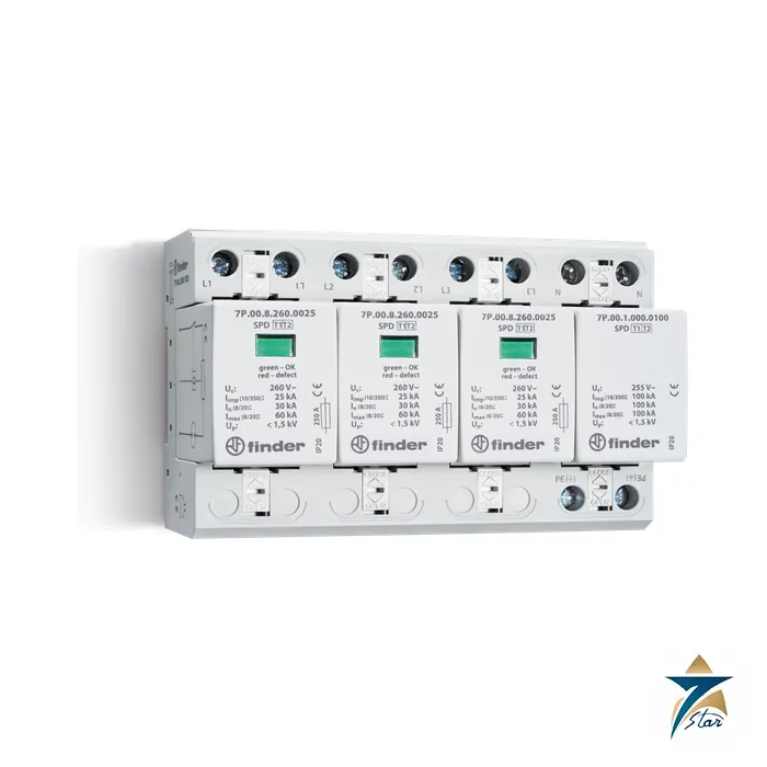 finder-7p-04-8-260-1025 Finder 7P.04.8.260.1025 Type 1+2 three-phase surge protection device