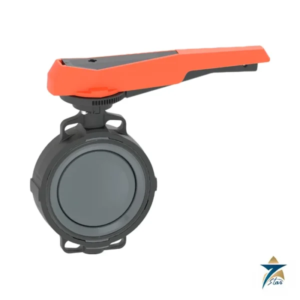 GF Type 567 wafer-style thermoplastic butterfly valve with orange lever