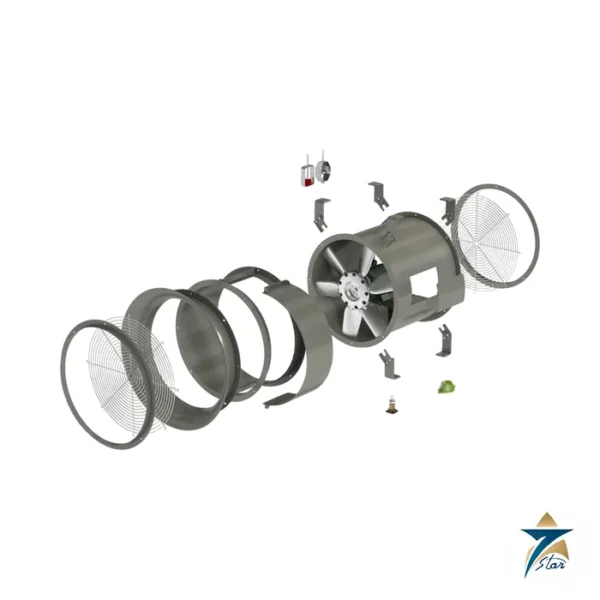 Greenheck AX axial fan exploded view showing casing, propeller, motor, guards and flanges (series 300 shown)