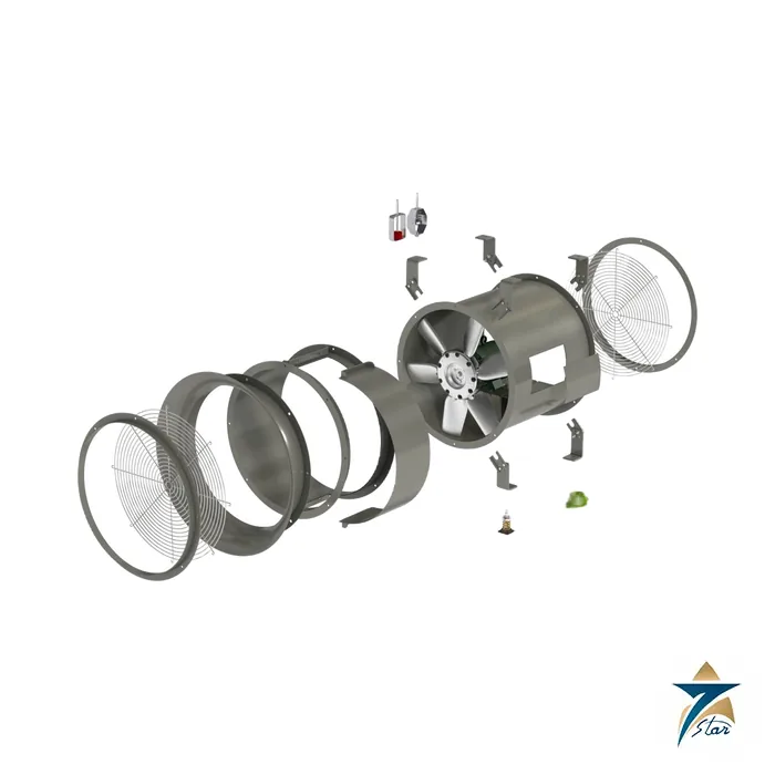 Greenheck AX axial fan exploded view showing casing, propeller, motor, guards and flanges (series 300 shown)