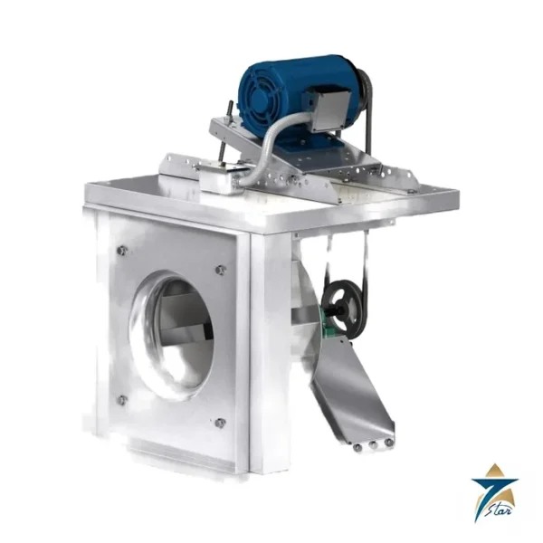 Greenheck BSQ belt drive square inline fan, open view with motor, belt drive and access panel