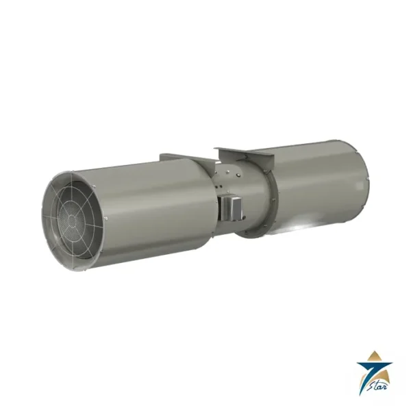 Greenheck GJX GreenJet axial transfer jet fan with inlet and outlet silencers (GJX-36 sideview shown)