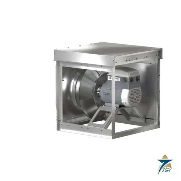 Greenheck KSQ mixed flow roof supply fan with Vari-Green motor, hood removed (KSQ-16-M2-VG shown)
