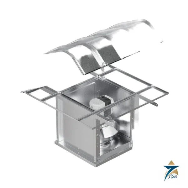 Greenheck RSQ mixed flow hooded rooftop fan exploded view with hood, mixed flow wheel and motor (RSQ-16 exhaust shown)