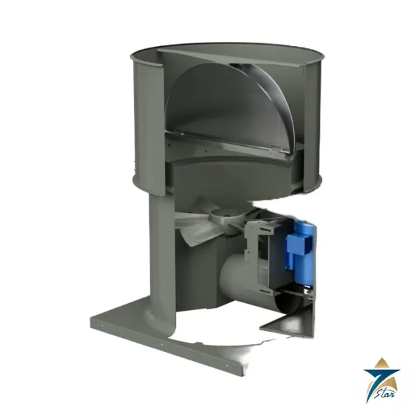 Greenheck TAUB tube axial roof upblast fan cutaway showing propeller, butterfly dampers and belt tube