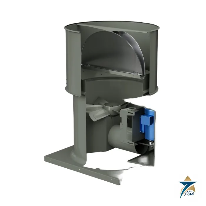 Greenheck TAUB tube axial roof upblast fan cutaway showing propeller, butterfly dampers and belt tube