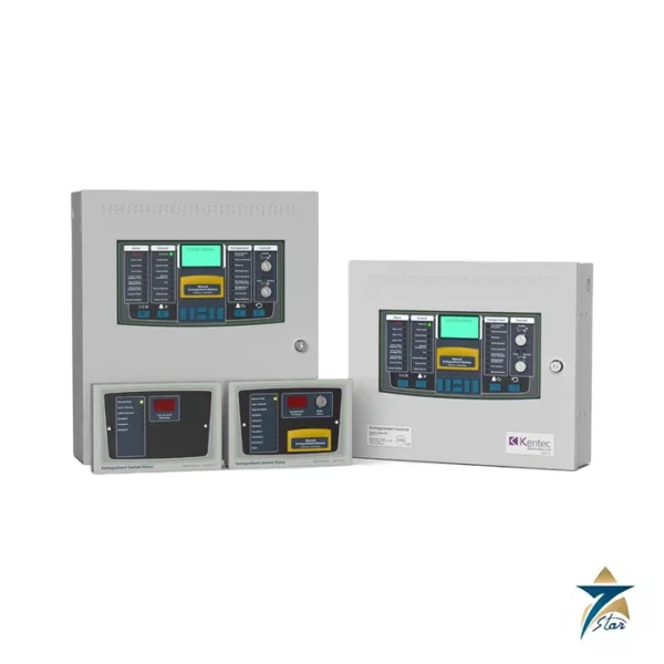 Kentec Sigma ZXT range photo: extinguishant control panels and status indicators (manufacturer datasheet image)