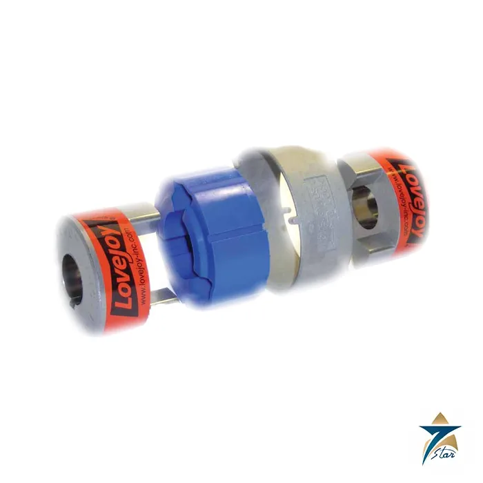 Lovejoy Jaw In-Shear coupling with blue insert and orange hubs (series photo) Lovejoy Jaw In-Shear coupling with blue insert and orange hubs (series photo)