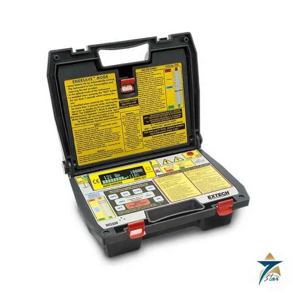 Extech MG500 digital high voltage insulation tester in its rugged hard case
