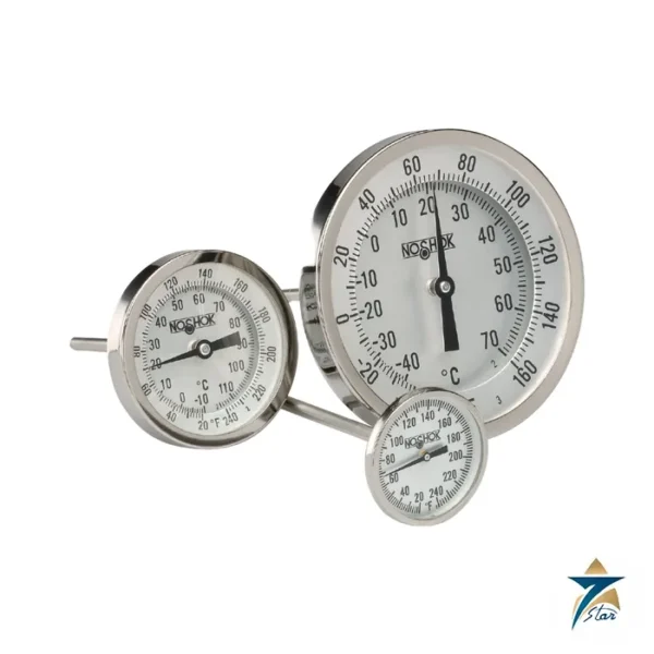 NOSHOK 100 Series bimetal dial thermometers, 2, 3 and 5 inch shown