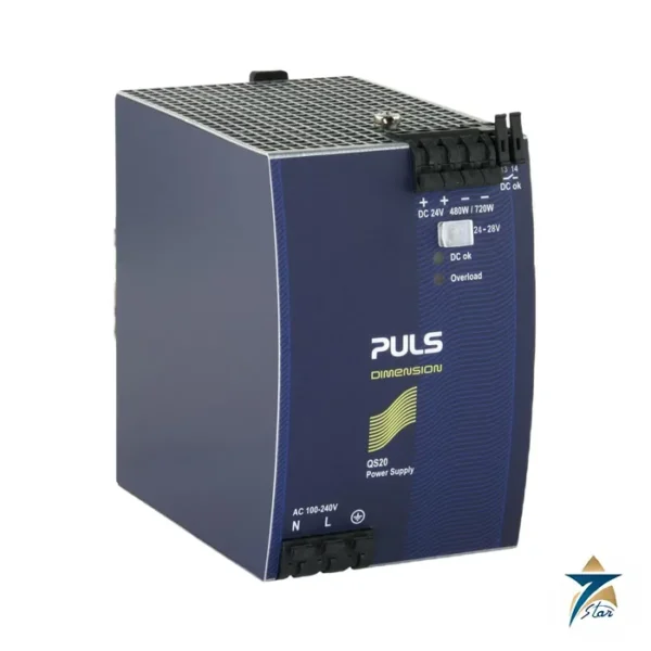 PULS QS20.241 24 V 20 A single-phase DIN rail power supply, angled front view