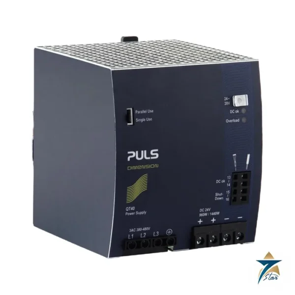 PULS QT40.241 24 V 40 A three-phase DIN rail power supply, angled front view
