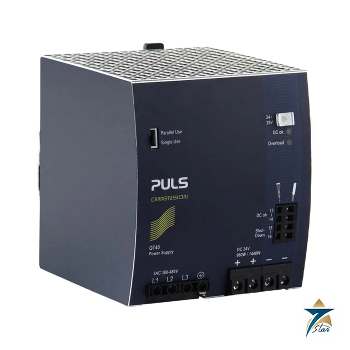 qt40-241-puls PULS QT40.241 24 V 40 A three-phase DIN rail power supply, angled front view